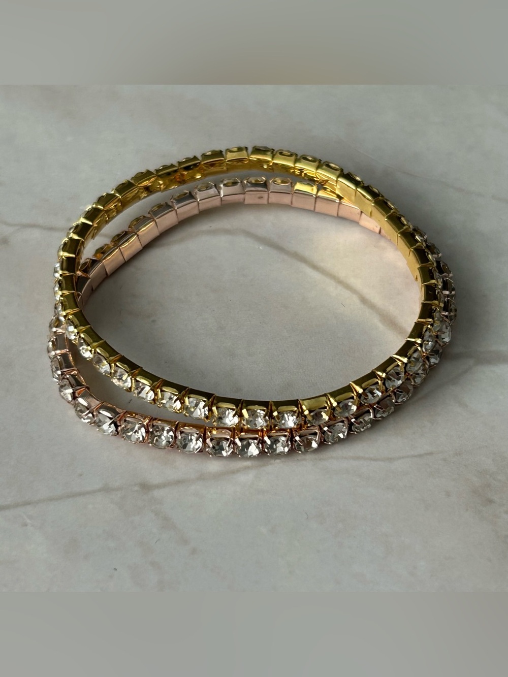 Gold Tone and Rose Gold Tone Crystal Stretch Bracelet Set